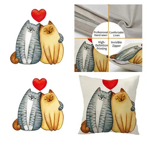 Nordic linen throw pillow case with cute cartoon cats and hidden zipper for sofa decor