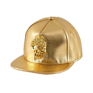 Luxury gold PU leather baseball cap with snake pattern and metal skull with rhinestones