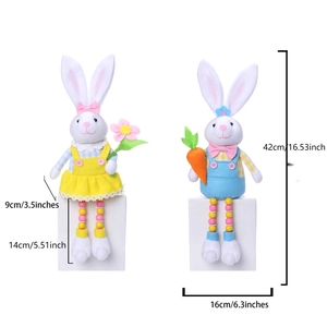 Plush Easter bunnies with wooden bead legs in yellow and blue colors for home decor
