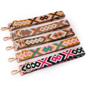 Adjustable Bag Strap Replacement Ethnic Bohemian Geometric Pattern Poly Cotton Webbing Gold Metal Buckles For Crossbody Handbags