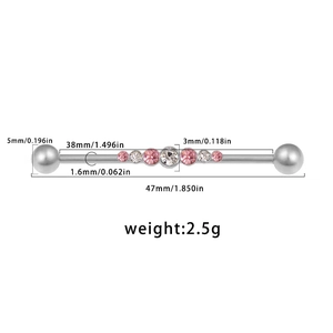 Barbell industriel en acier chirurgical avec cristaux roses et clairs, barre de 38 mm