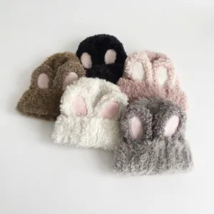 Cute Bunny Ears Plush Knitted Beanie Hat Faux Fur Warm Winter Fluffy Skull Cap For Women Girls Sweet Fashion Accessory
