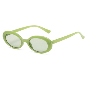 Retro oval light green sunglasses with grey lenses shown in a 45-degree angle