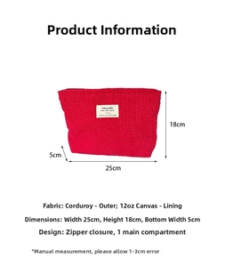 Corduroy pouch detail showing 25x18x5cm dimensions with soft texture and zip closure
