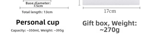 Detailed size and capacity specifications for the peach ceramic mug and gift box