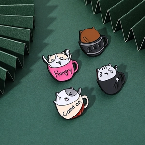Set of 4 cute enamel cat pins in coffee cups with Hungry and Come on lettering