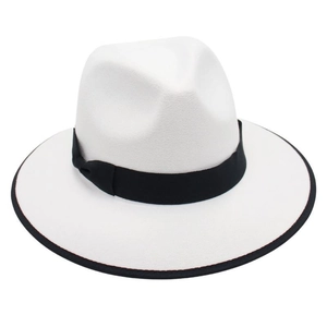 Detail of white wool fedora hat with black ribbon band and elegant bound edge trim