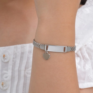 Polished ID plate and heart charm on a triple-strand mesh stainless steel bracelet