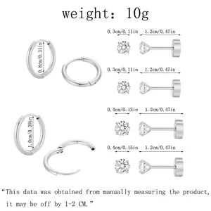 Size chart showing stainless steel hoop earrings and cubic zirconia studs dimensions