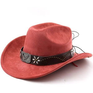 Detail of reddish-brown suede cowboy hat featuring leather band and eagle metal buckle