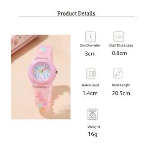 Detailed chart showing dial diameter, strap length and weight for butterfly kids watch