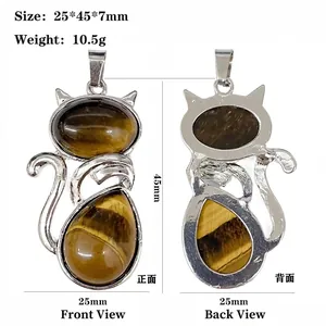 Tiger's eye stone cat pendant in silver frame showing front and back view with dimensions