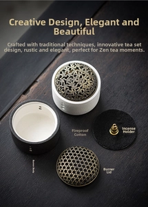 Detail set of ceramic incense burner with hollow metal lids and golden holder