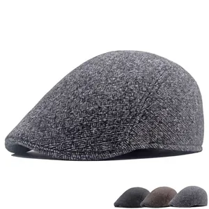 Men Retro Flat Cap Ivy Newsboy Hat Winter Warm Thickened Cotton Polyester Herringbone Texture Adjustable British Style Casual