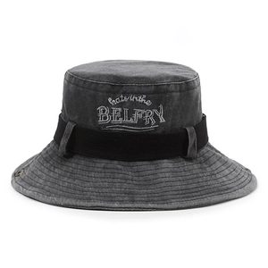 Washed Cotton Bucket Hat With Adjustable Windproof Rope Letter Embroidery Wide Brim Breathable Outdoor Retro Sun Hat