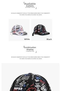 Detail shot of street style baseball cap with graffiti text patterns and sturdy brim