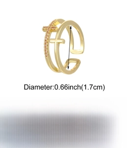 Detailed spec sheet of gold double cross open ring with pink zircon inlay and copper base