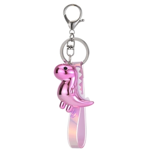 Pink metallic dinosaur keychain with laser gradient strap and silver lobster clasp