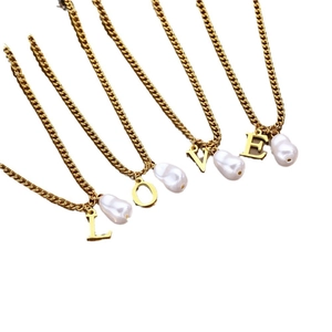 Minimalist pearl letter necklaces set with LOVE gold pendants and baroque pearls
