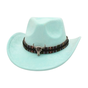 Light blue wool felt western cowboy hat with wide brim and metal bull head decoration