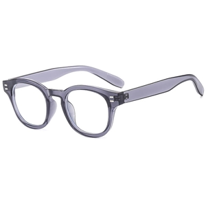Retro round translucent dark grey sunglasses with metallic rivet detail in a modern style