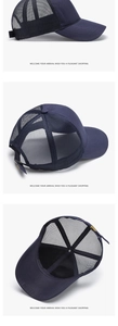 Detailed views of navy blue mesh baseball cap with breathable fabric and adjustable strap