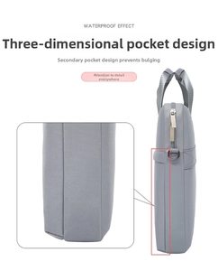 Waterproof grey laptop bag detail showing the 3D side pocket and metal zipper design