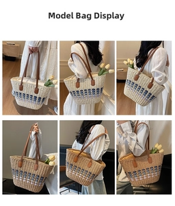 Multiple views of a large straw tote bag featuring blue geometric patterns and leather straps