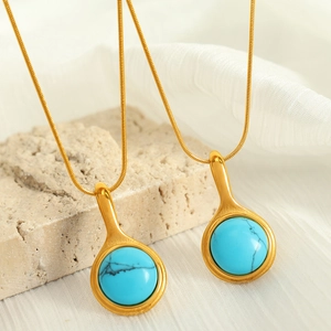 Vintage 18K gold plated snake chain necklace with round turquoise pendant on stone