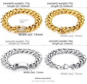 Detailed size specifications for 15mm stainless steel cuban link chains with zircon