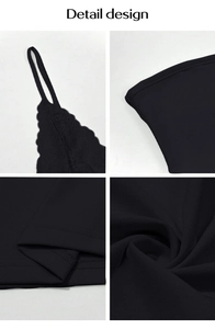 Detail design showing lace trim and fabric texture of a black Y2K camisole top