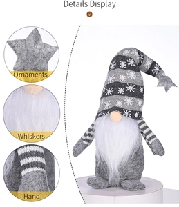 Detailed views of snowflake embroidery, soft plush beard and knit texture on gnome doll