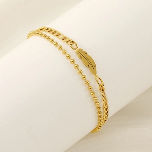 Cavigliera A Strati Con Pendente A Piuma In Acciaio Inossidabile Placcato Oro 18K Catena Figaro E Perline Moda Per Donne