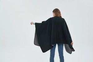 Close-up of black and grey faux cashmere split shawl with high-quality stitched edges