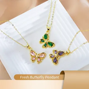 Butterfly Pendant Necklace Alloy Colorful Rhinestone Marquise Cut Shiny Elegant Minimalist Jewelry For Women Girls