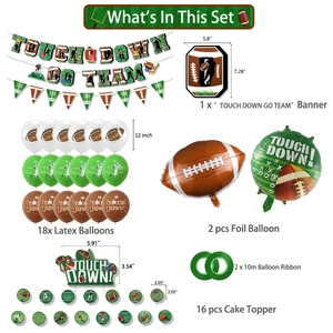 Rugby party set including touchdown banners, latex balloons, and cake toppers components
