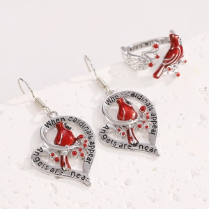Red cardinal heart earrings and open ring set with engraved angel message on stone