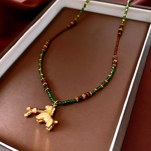 Horse Pendant Necklace Alloy With Glass Beads And Tiger Eye Stone Retro New Chinese Style Long Sweater Chain For Women