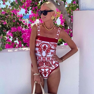 Maillot de bain une pièce pour femme avec imprimé floral rouge et blanc méditerranéen