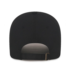 Back view of a classic black cotton baseball cap with adjustable strap and brass buckle