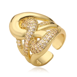 18K gold plated copper ring with geometric zircon stones and adjustable open band