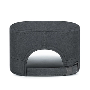 Rear view of dark grey flat top cadet cap with adjustable metal sport buckle strap
