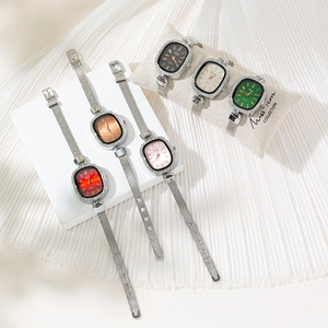 Minimalist square women's quartz watches with sparkling rhinestone bezel and mesh band
