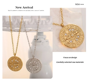 Detailed macro view of 18K gold plated zodiac coin pendants with inlaid cubic zirconia