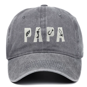Berretto da baseball in denim lavato grigio scuro con ricamo PAPA a tema pesca