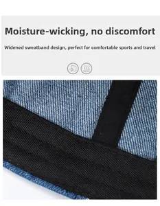 Gros plan du bandeau anti-transpiration et des coutures de la casquette en denim