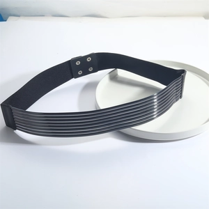 French vintage striped metal waist belt with elastic band and silver snap buttons