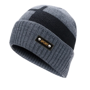 Winter knit beanie for men with gray black stripes and SPORT tag decoration