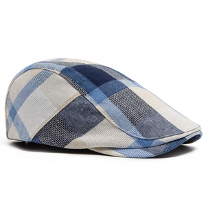 Breathable plaid flat cap in blue and white woven fabric, vintage British ivy hat style