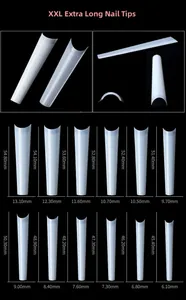 Size chart for XXL extra long coffin nail tips showing 12 different mm measurements